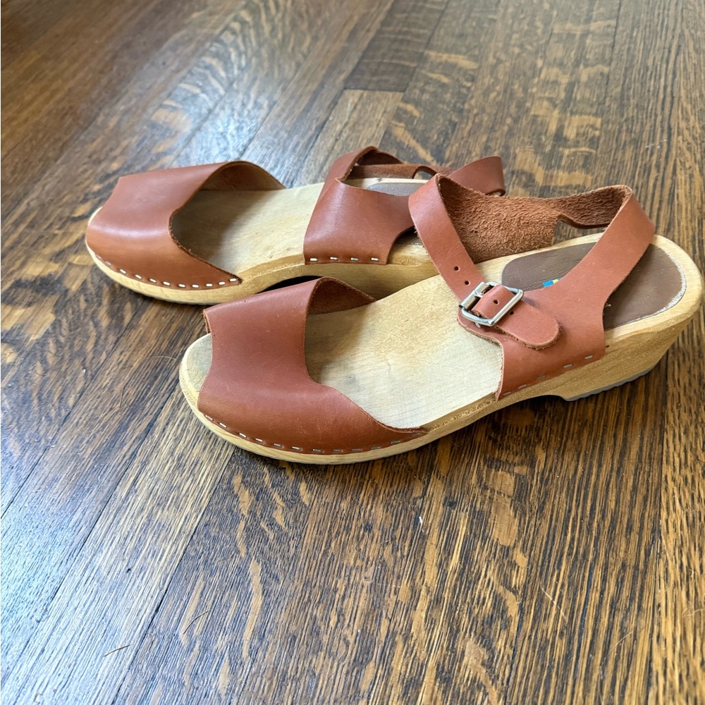 MIA Tan Leather Clogs with Ankle Strap